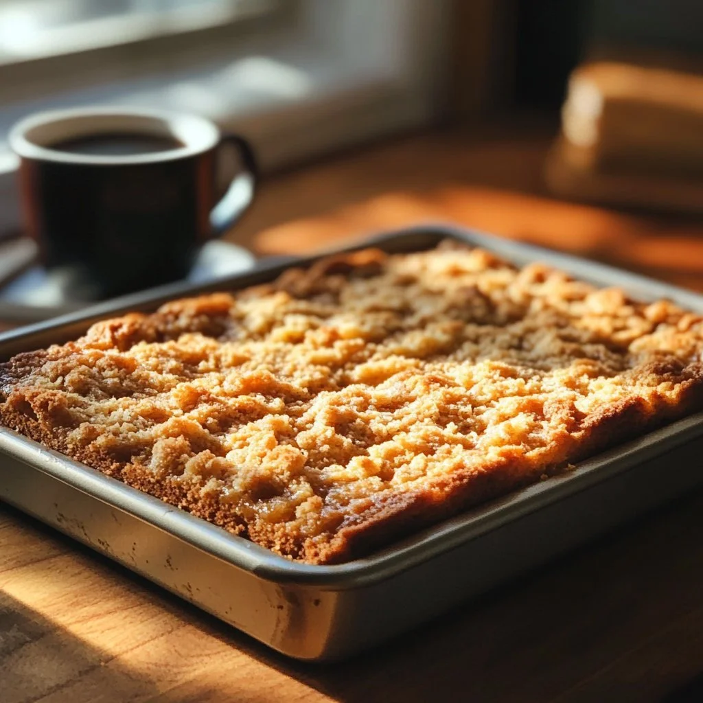 Delicious sourdough coffee cake topped with a crumbly streusel and served with coffee.