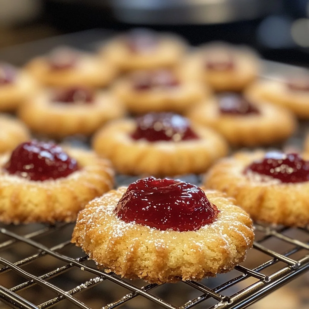 Freshly baked sourdough raspberry cookies on a cooling rack.