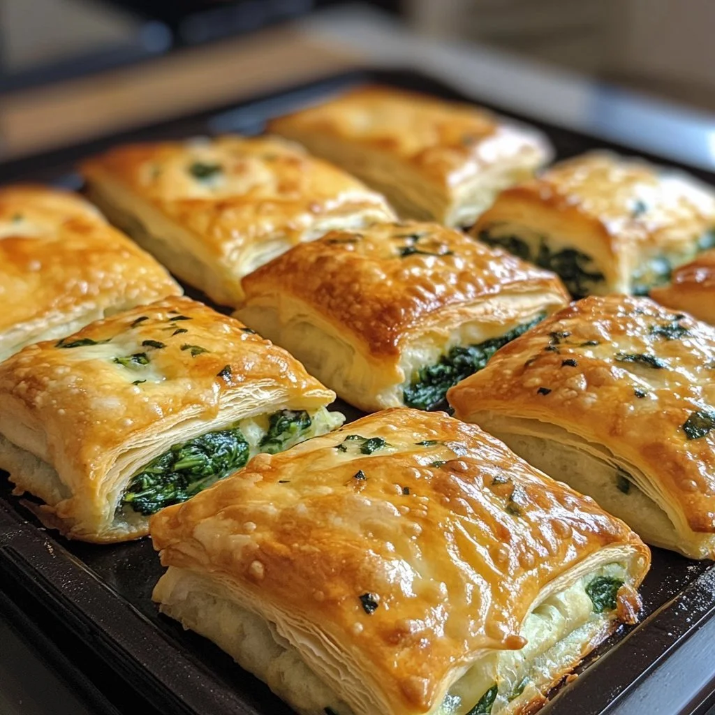 Golden baked spinach puffs served on a platter as an appetizer