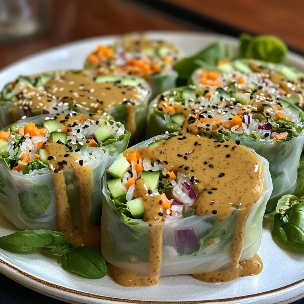 Delicious spring roll salad with fresh vegetables and creamy peanut sauce