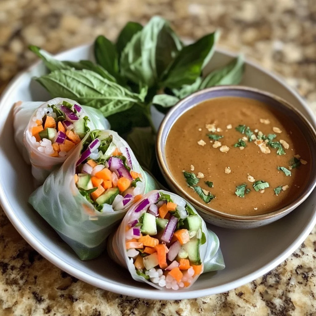 Spring rolls served with a creamy peanut sauce on a plate