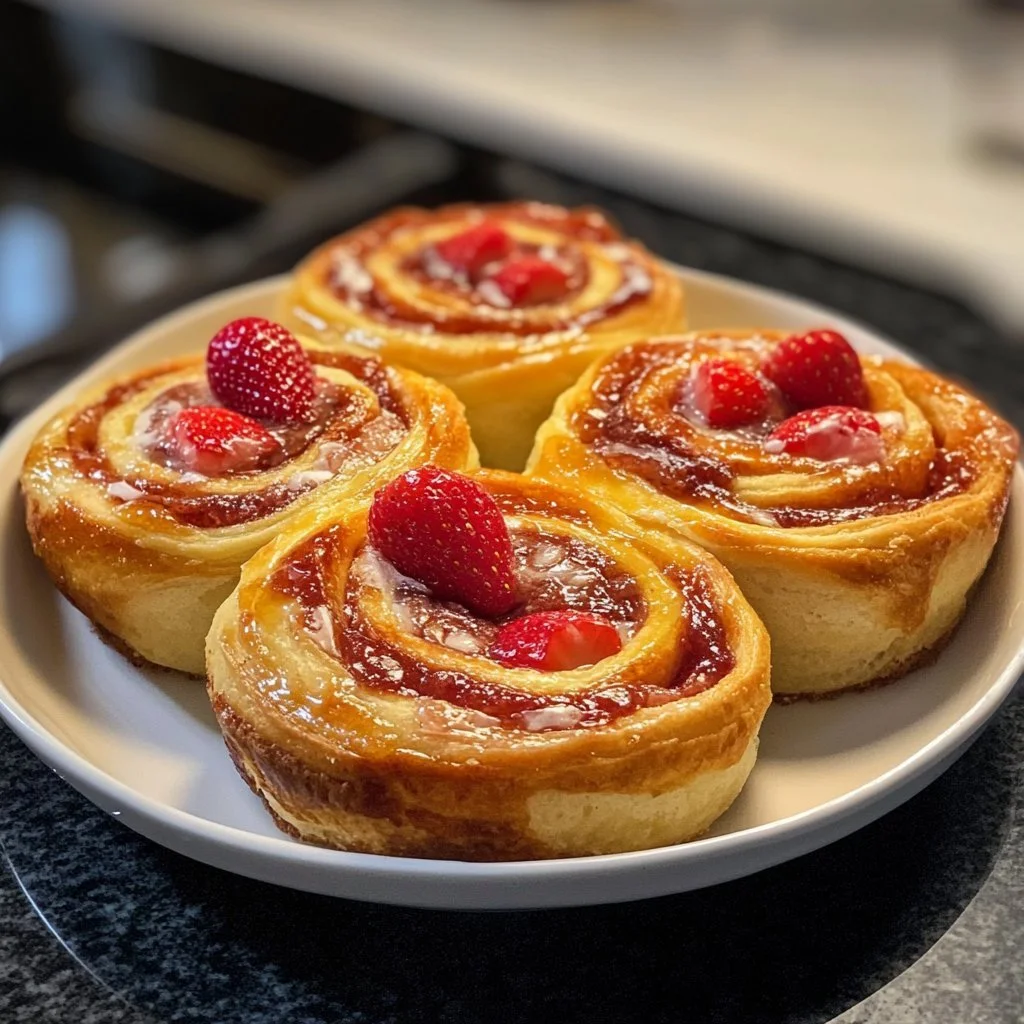Delicious strawberry cheesecake sweet rolls topped with fresh strawberries and cream cheese frosting.