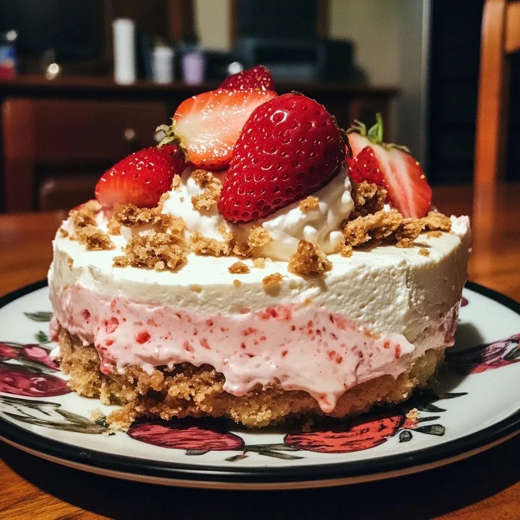 Delicious Strawberry Crunch Cheesecake with layers of strawberries and crunchy topping