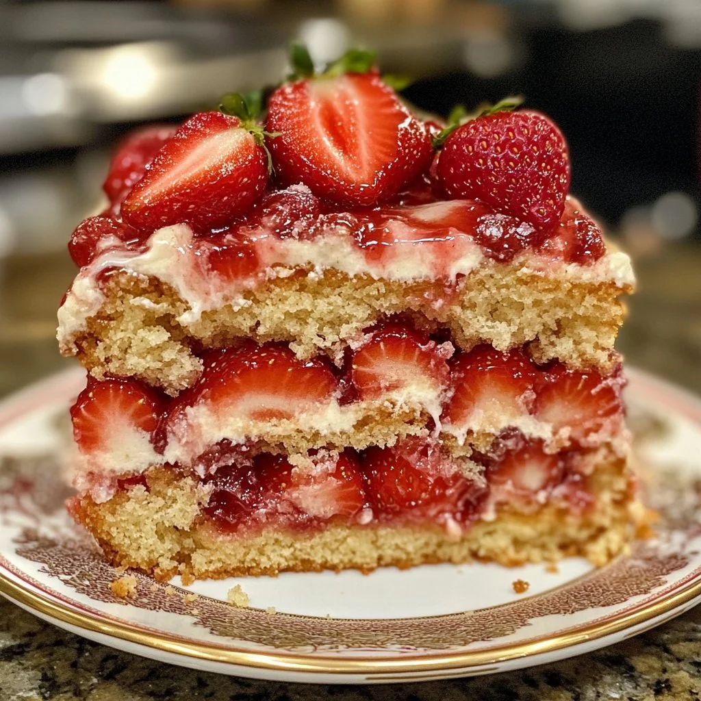 Delicious Strawberry Earthquake Cake topped with fresh strawberries and cream