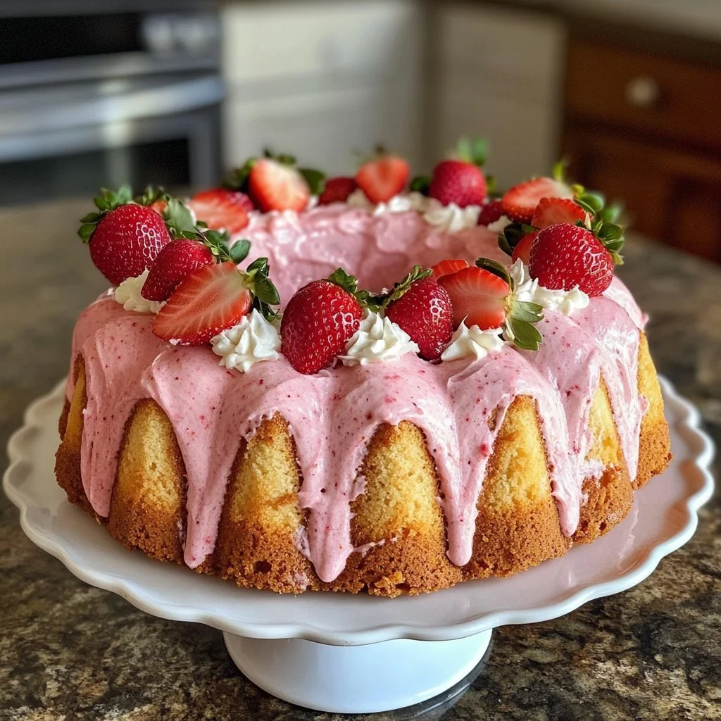 Delicious Strawberry Milkshake Pound Cake topped with fresh strawberries and cream.