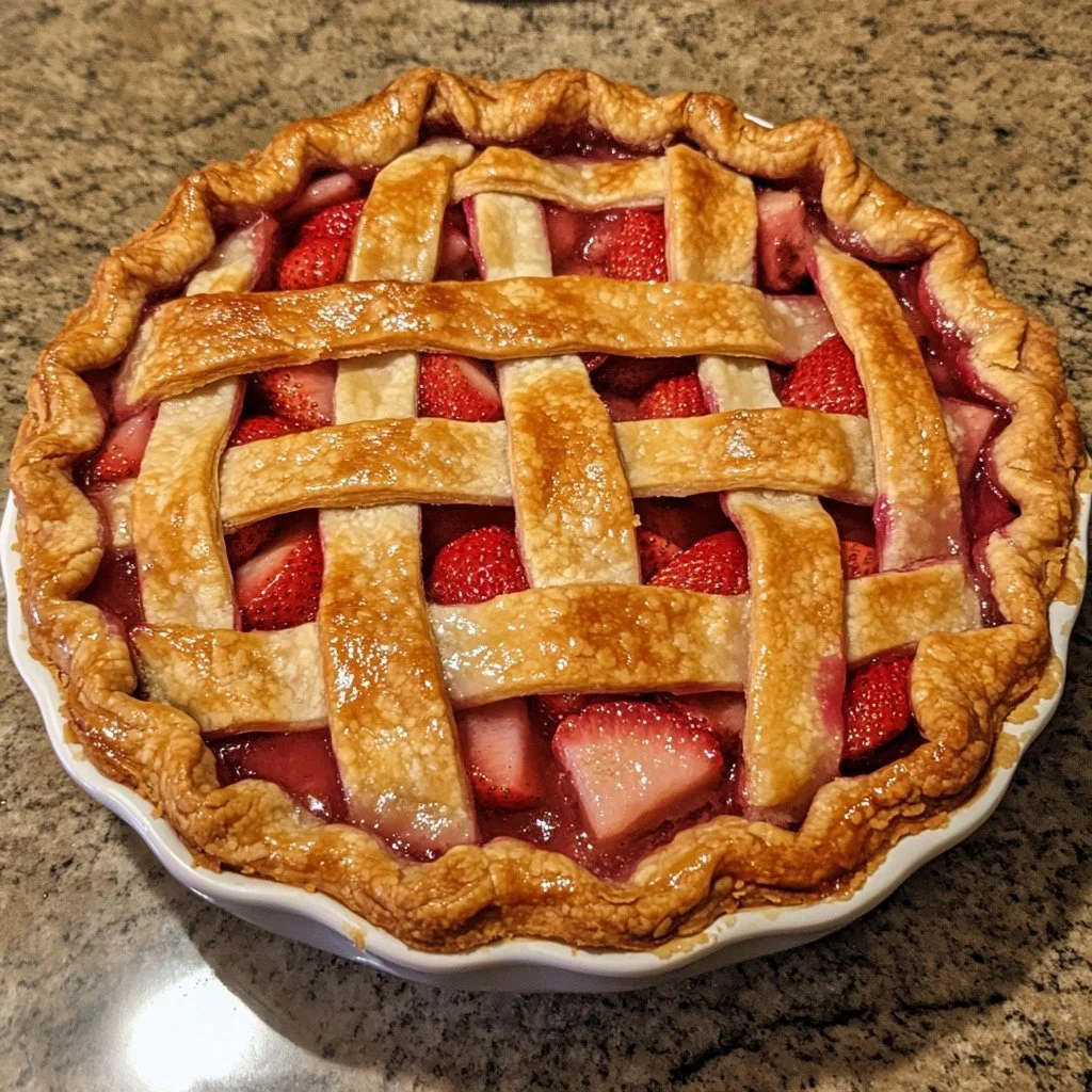 Homemade strawberry rhubarb pie with fresh strawberries and rhubarb on a wooden table