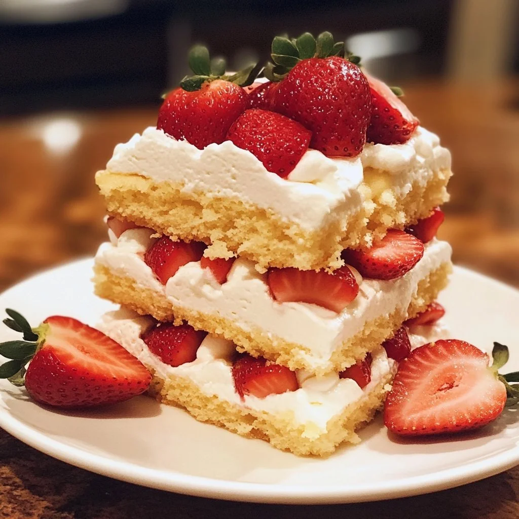 Delicious homemade strawberry shortcake served with fresh strawberries and whipped cream.