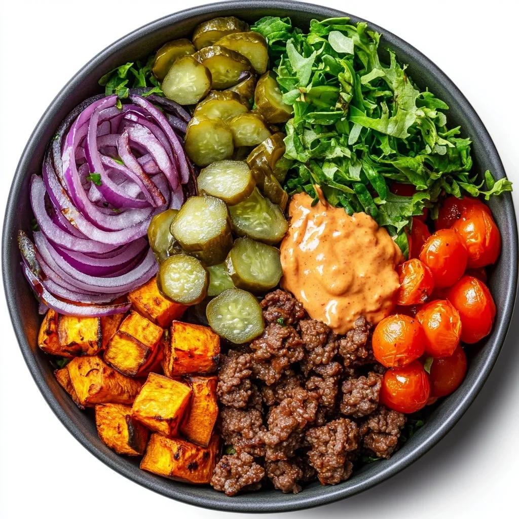 Delicious sweet potato burger bowl topped with fresh vegetables and sauces