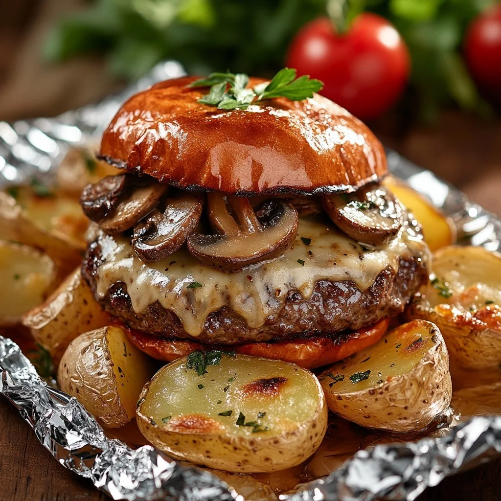 Swiss mushroom burgers in foil on a grill, showcasing a delicious meal idea.