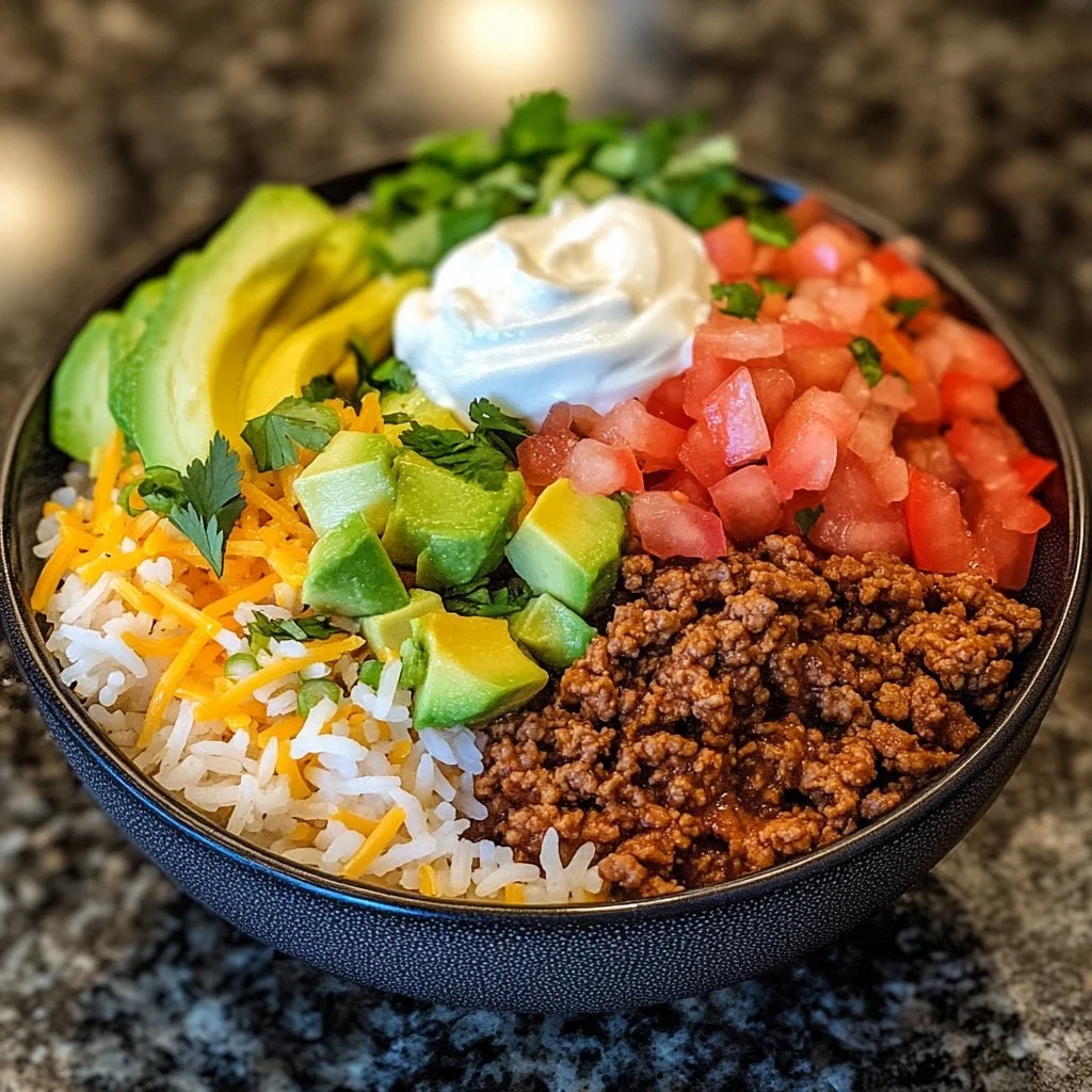 Delicious taco rice bowl topped with fresh ingredients and served in a vibrant dish.