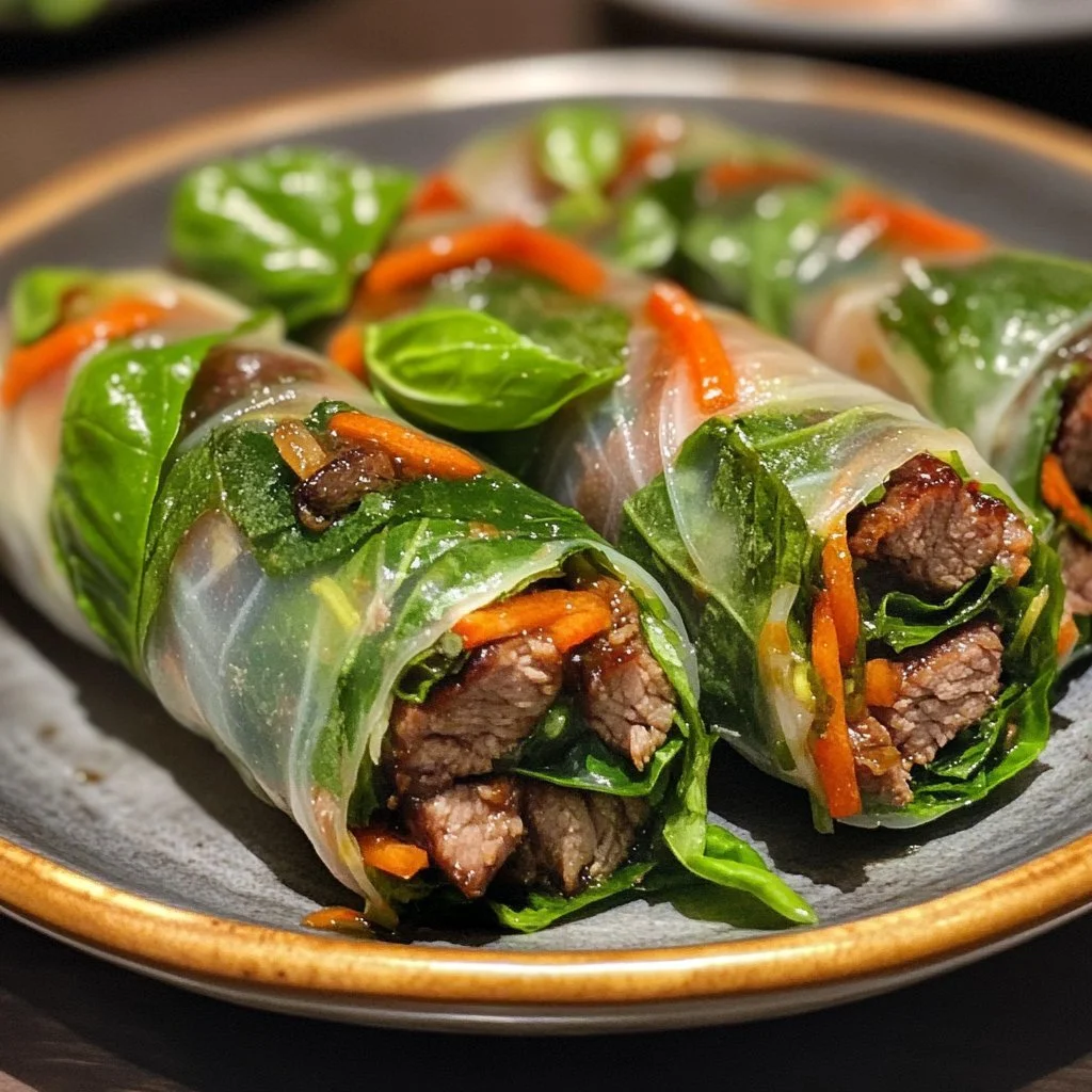 Delicious Thai Basil Beef Rolls served with fresh herbs and veggies