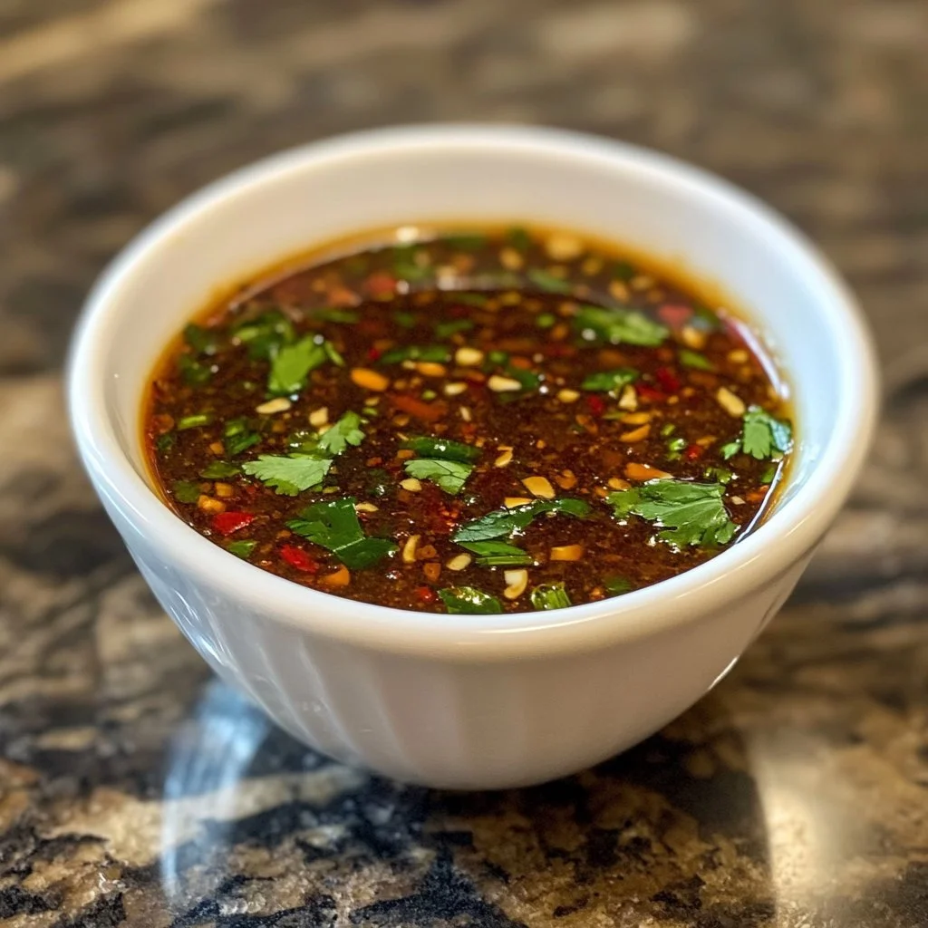 Bowl of homemade Thai dipping sauce garnished with fresh herbs