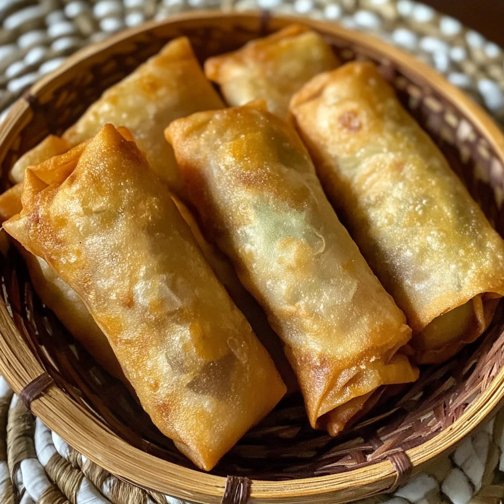 Traditional Filipino spring rolls served on a platter with dipping sauce