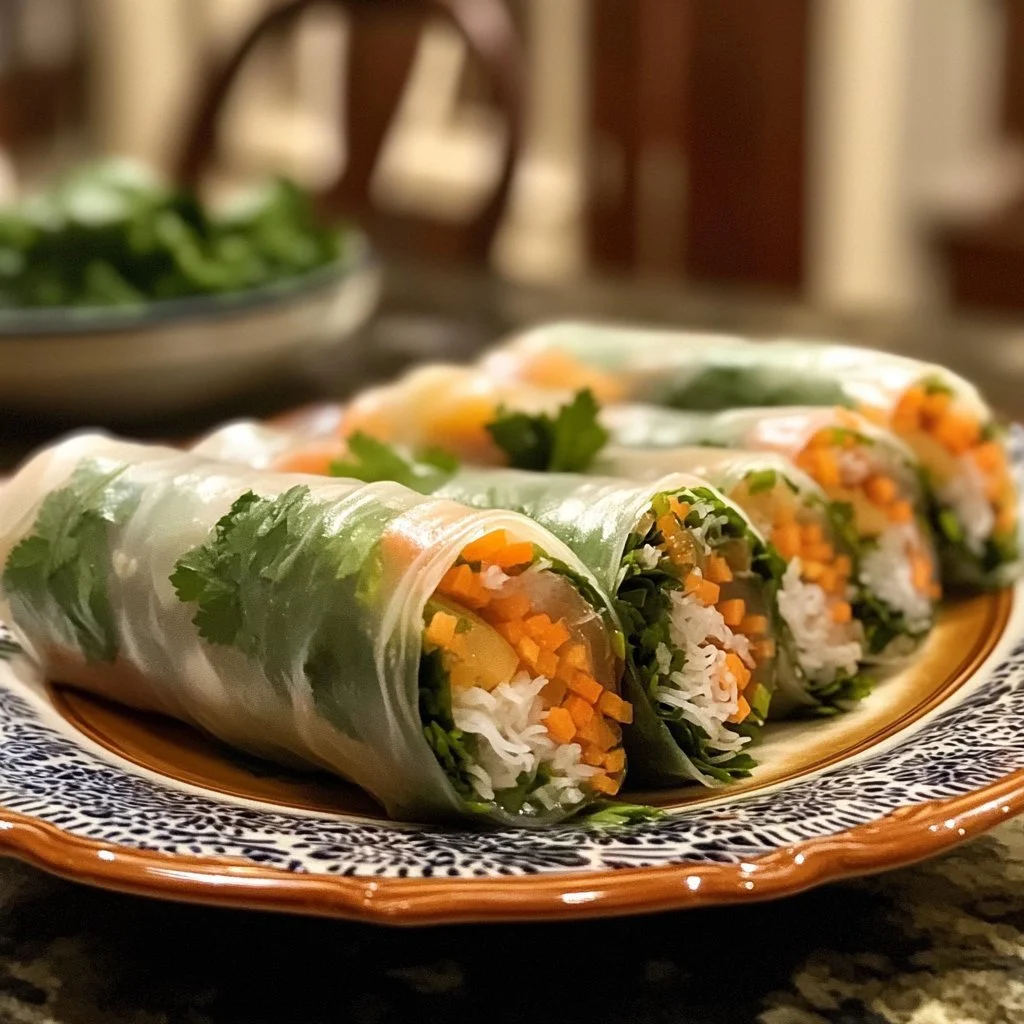 Vietnamese fresh spring rolls with herbs and vegetables wrapped in rice paper