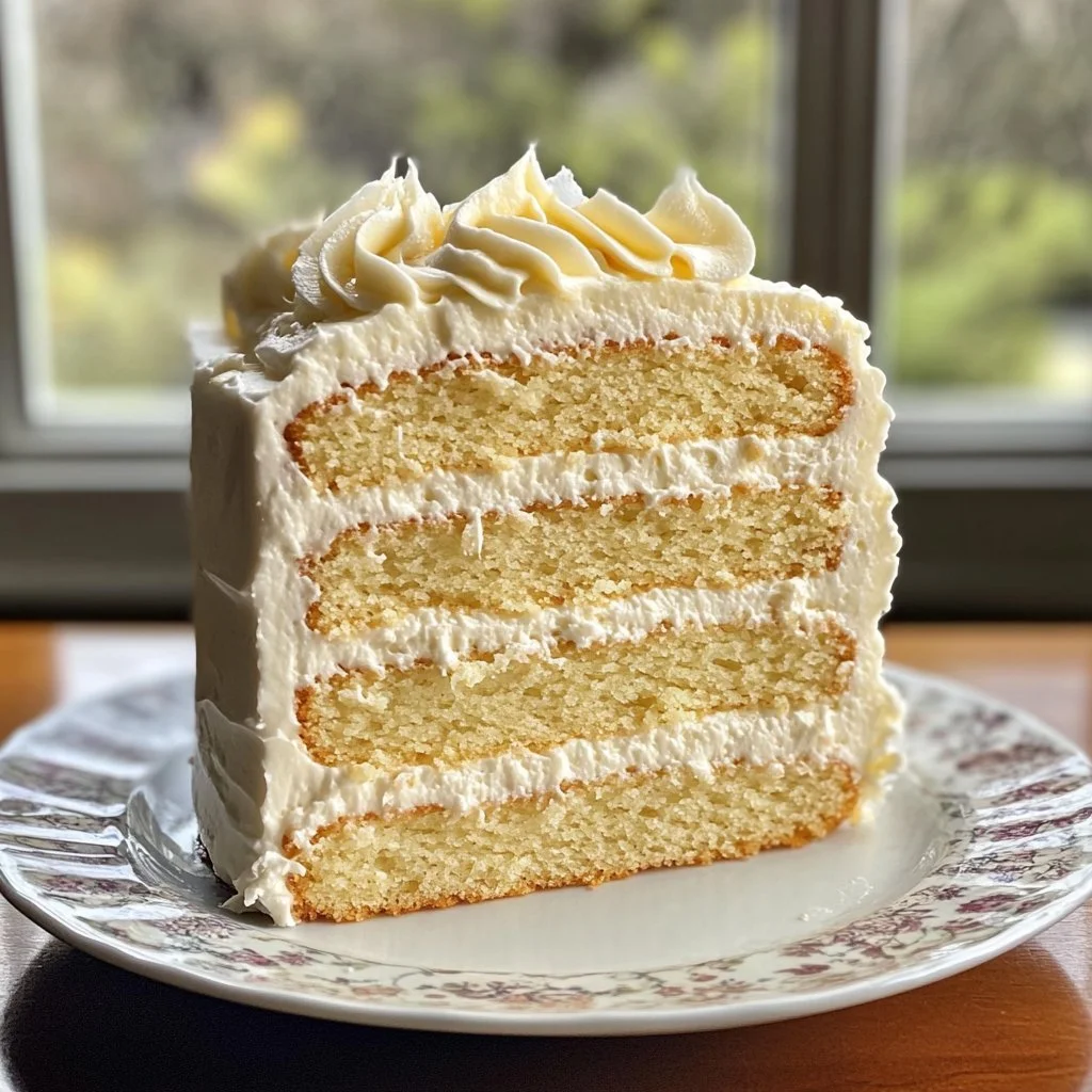 Delicious white almond cake with whipped buttercream frosting on a decorative plate