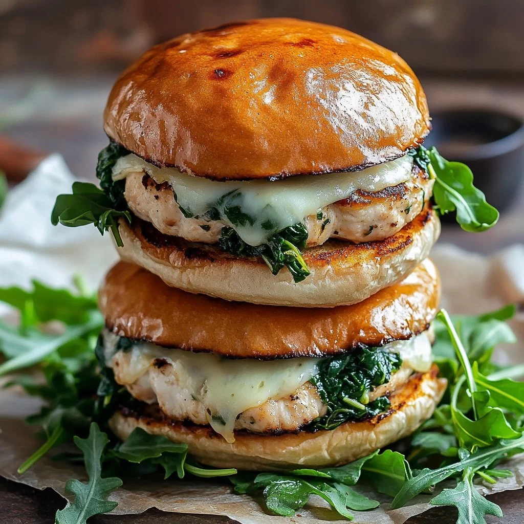 Delicious White Cheddar and Spinach Chicken Burgers served on a plate