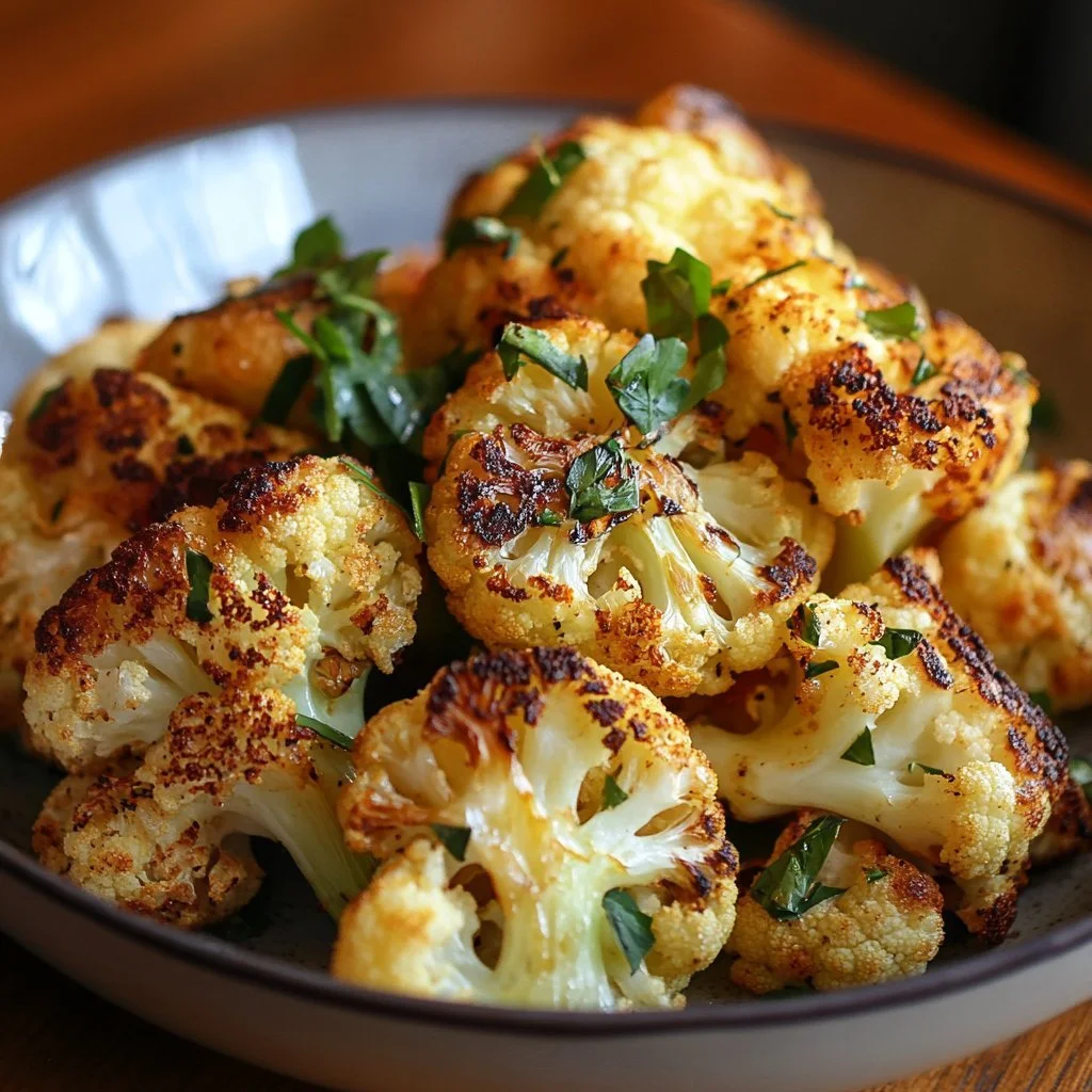 Whole roasted cauliflower served on a plate with herbs and seasonings
