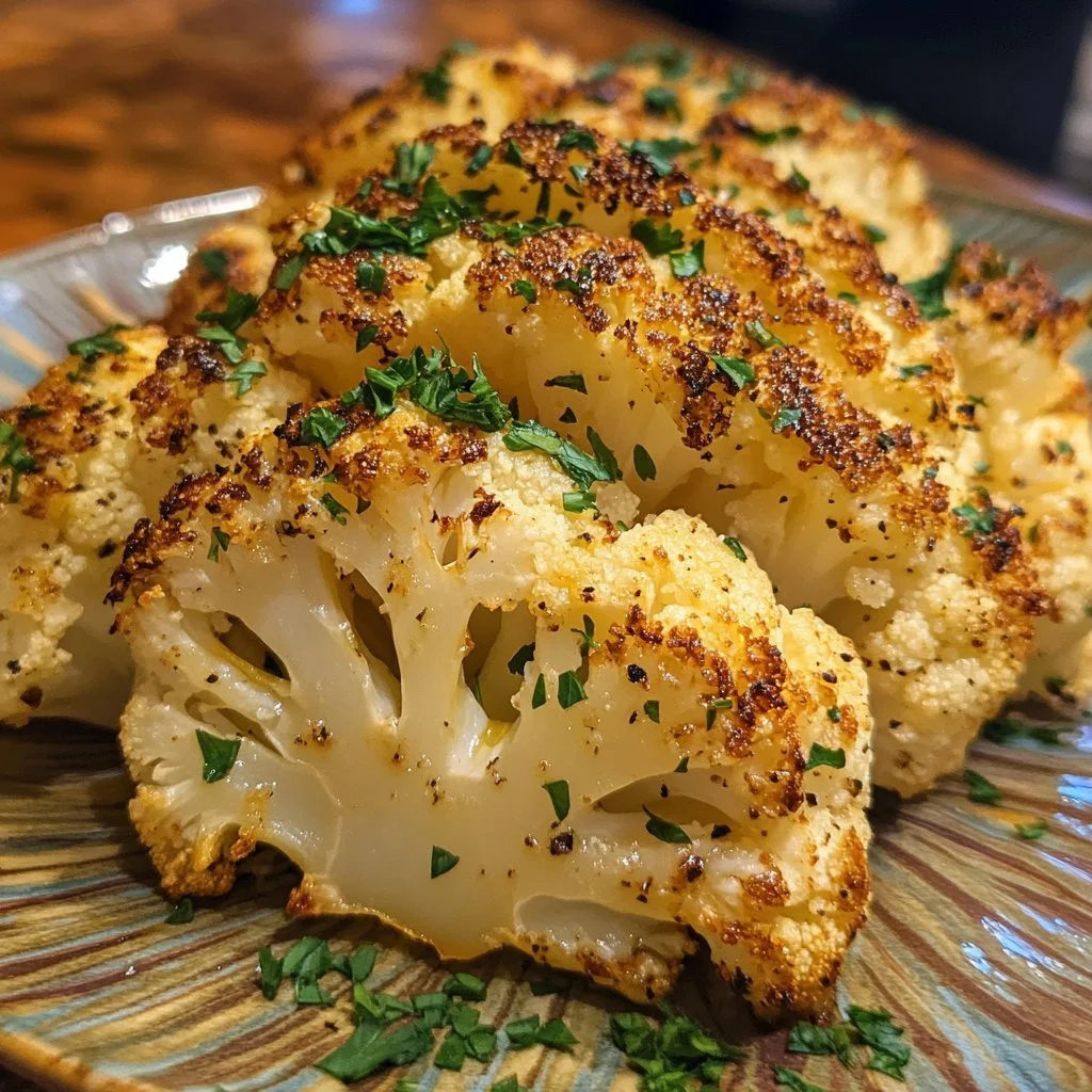 Whole roasted cauliflower garnished and ready to serve