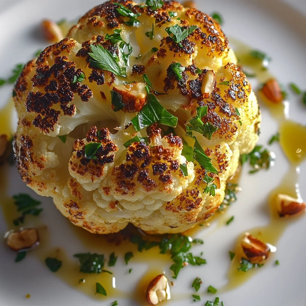Whole roasted cauliflower served on a platter with herbs and spices.