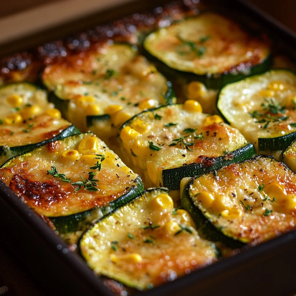 Zucchini and corn side dish served in a bowl with herbs