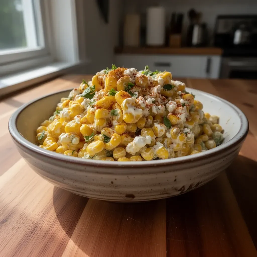 Delicious Mexican street corn salad served in a bowl with fresh toppings