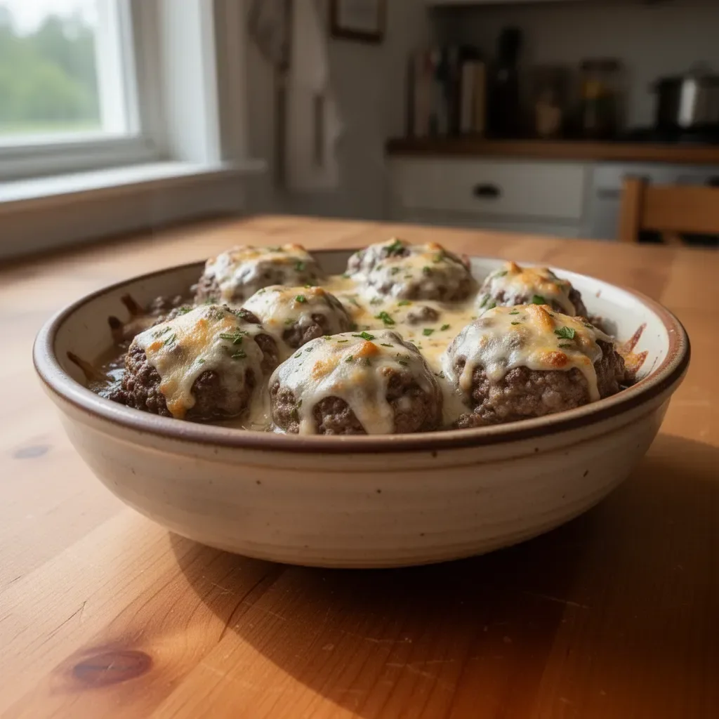 Amish Hamburger Steak Bake served in a rustic dish