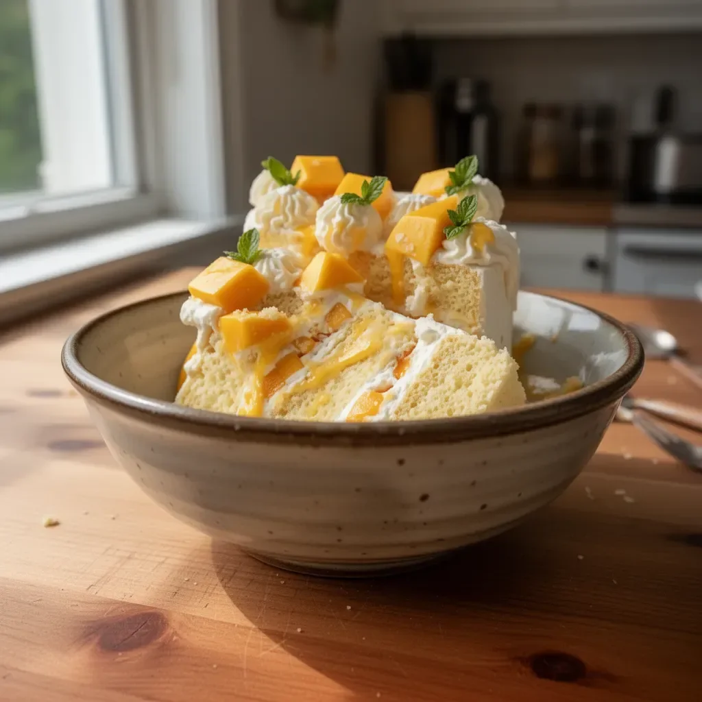 Asian Bakery-Style Mango Cake topped with fresh mango slices and cream