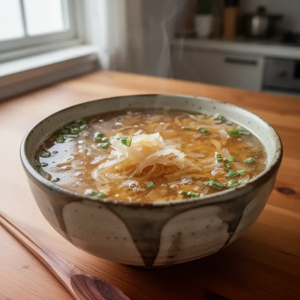 Bowl of authentic Japanese onion soup with onions and broth