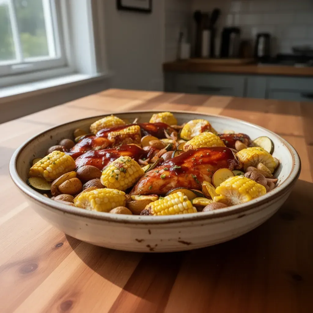 BBQ chicken sheet pan meal with colorful vegetables ready to serve