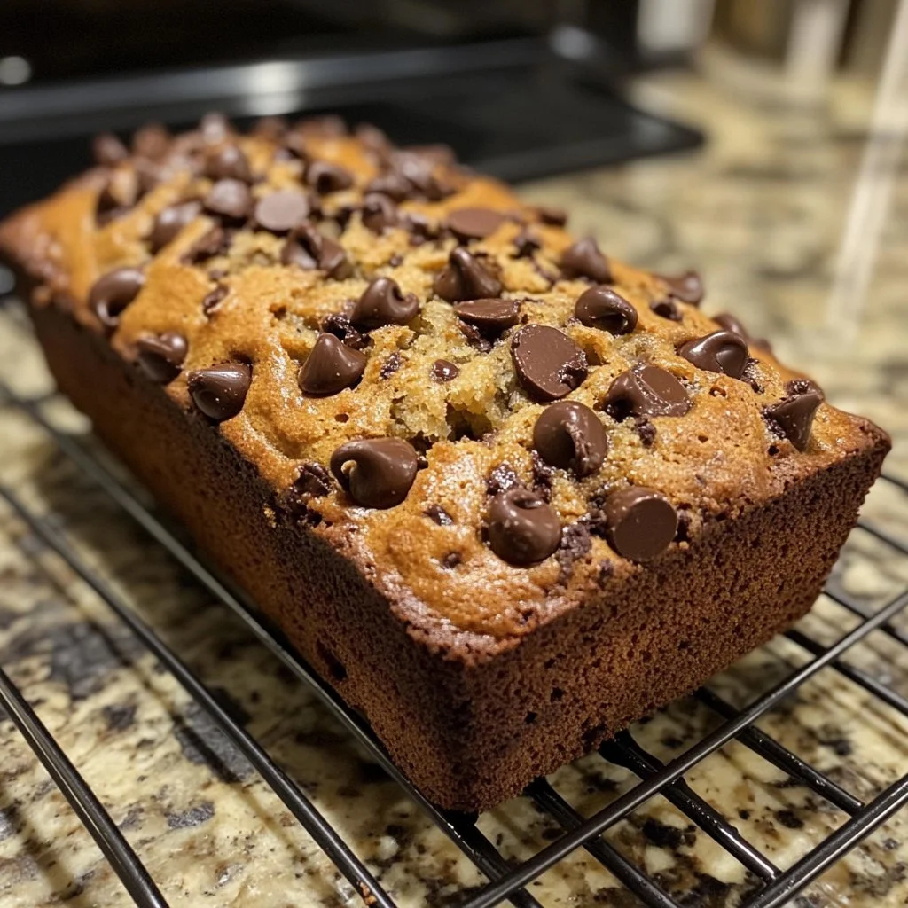 Delicious homemade chocolate chip banana bread with chocolate chips and bananas