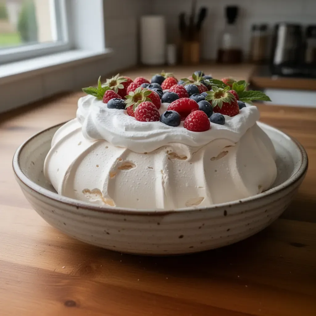 Homemade pavlova topped with fresh fruits and whipped cream, showcasing the best recipe.