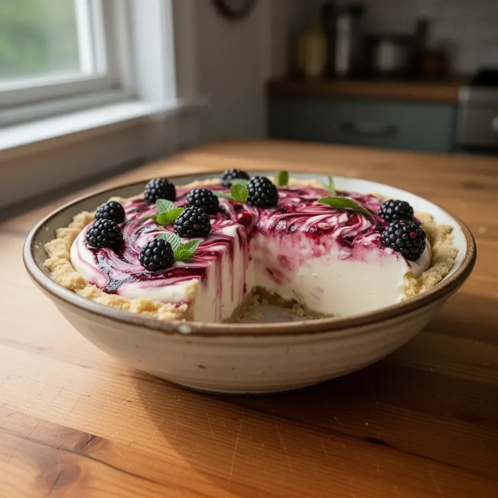 Delicious slice of Blackberry Lemonade Pie topped with blackberries and lemon slices