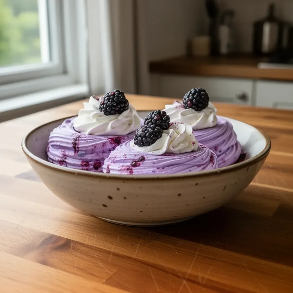 Delicious blackberry pavlovas topped with whipped cream and fresh blackberries