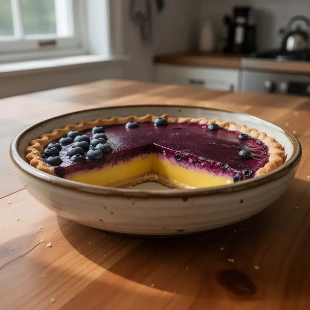 Delicious blueberry-lemon curd tart with fresh blueberries and lemon zest on a pastry crust