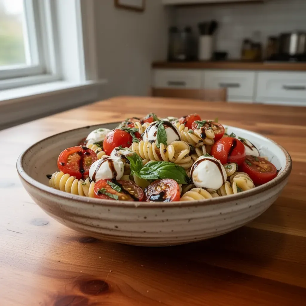 Colorful Caprese Pasta Salad with Balsamic Glaze, tomatoes, mozzarella, and basil