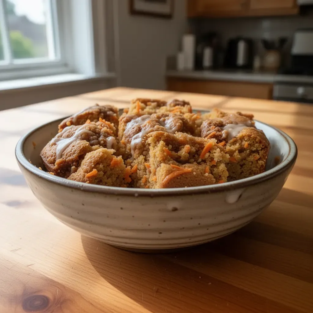 Delicious carrot cake coffee cake topped with cream cheese frosting on a plate