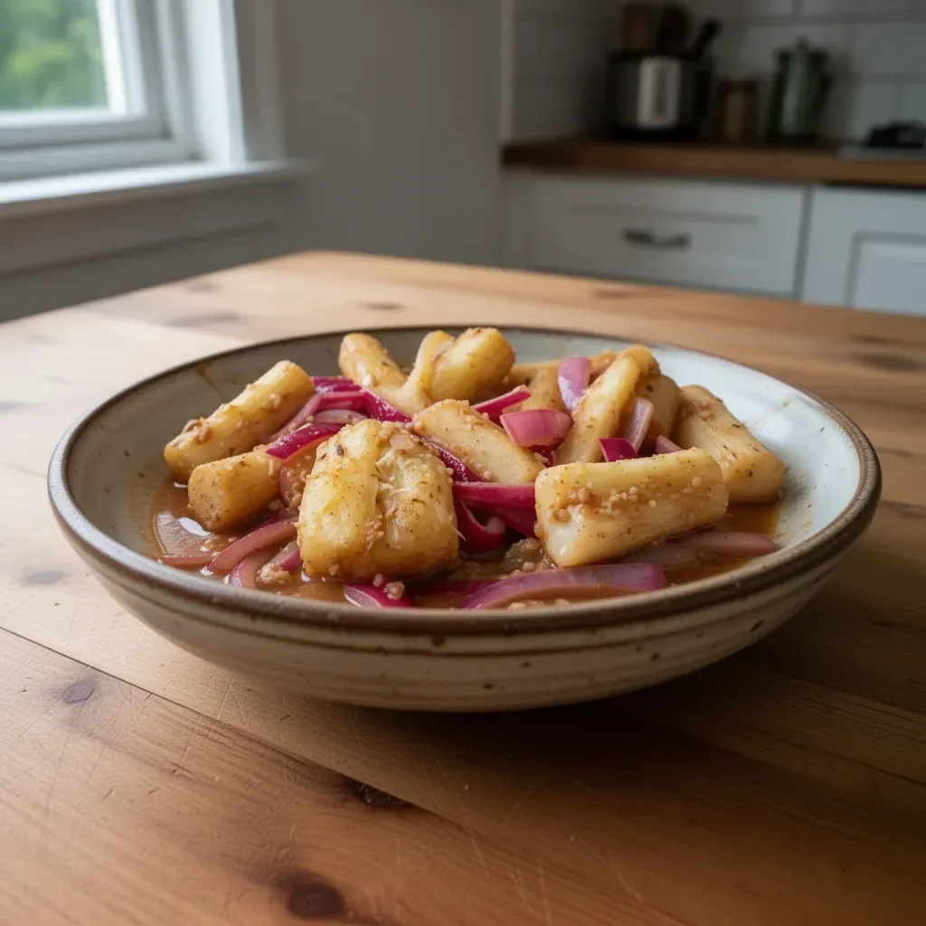 Delicious cassava served with vibrant mojo sauce on a plate