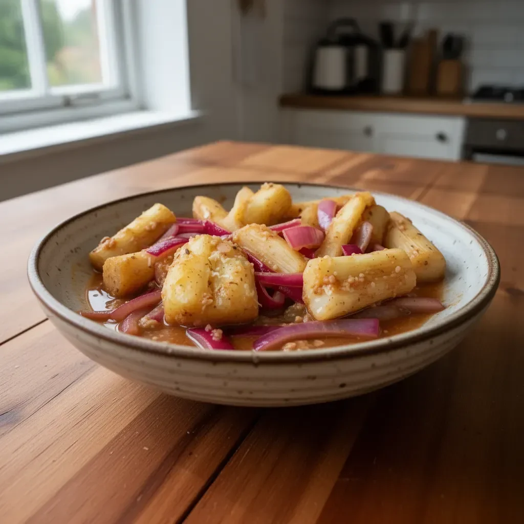 Delicious cassava served with zesty mojo sauce on a plate