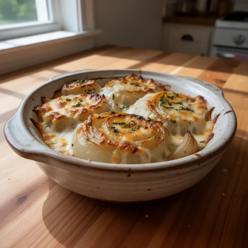 Delicious cheesy baked onions topped with melted cheese and herbs.