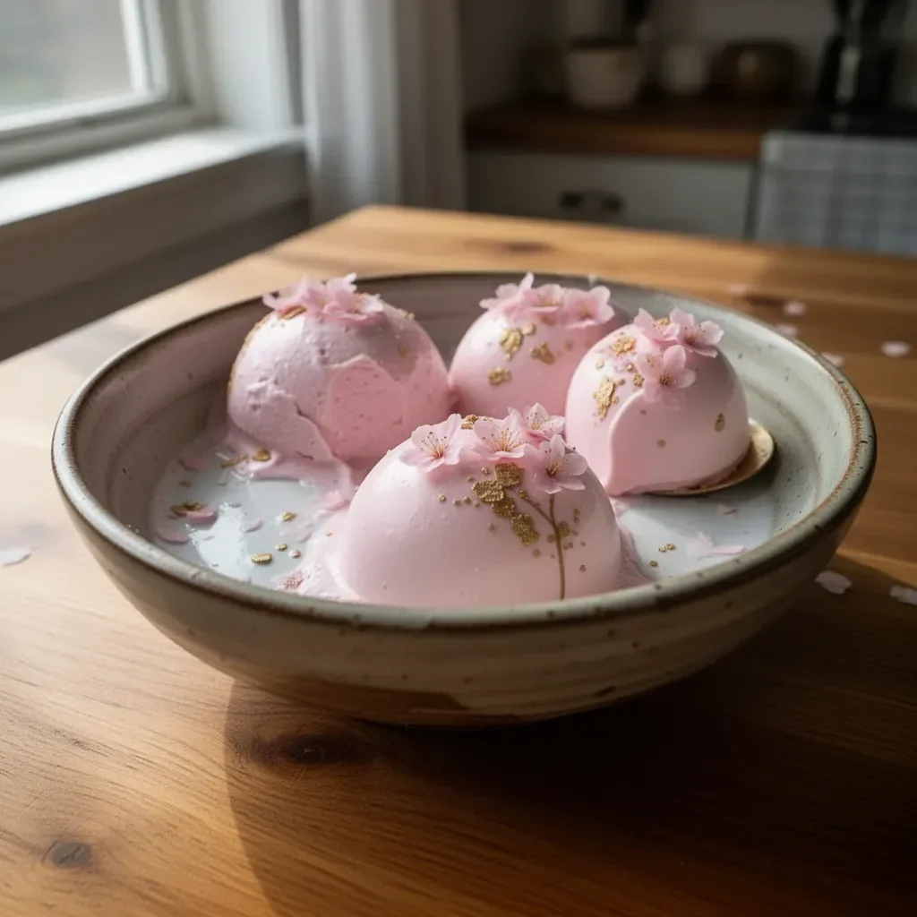 Cherry Blossom Mousse Domes dessert featuring elegant floral designs
