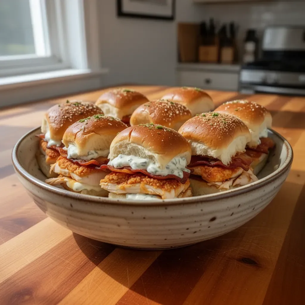 Chicken Bacon Ranch Sliders topped with crispy bacon and ranch dressing