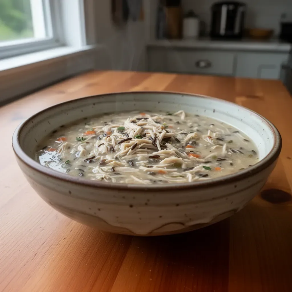 Bowl of hearty Chicken Wild Rice Soup garnished with herbs