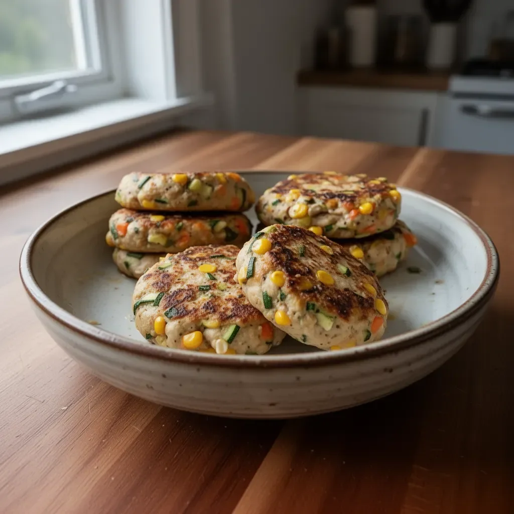 Delicious Chicken Zucchini Burgers with corn served on a plate