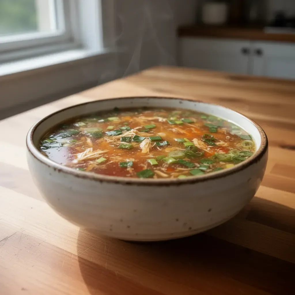 Bowl of Chinese Hot & Sour Soup with mushrooms and tofu