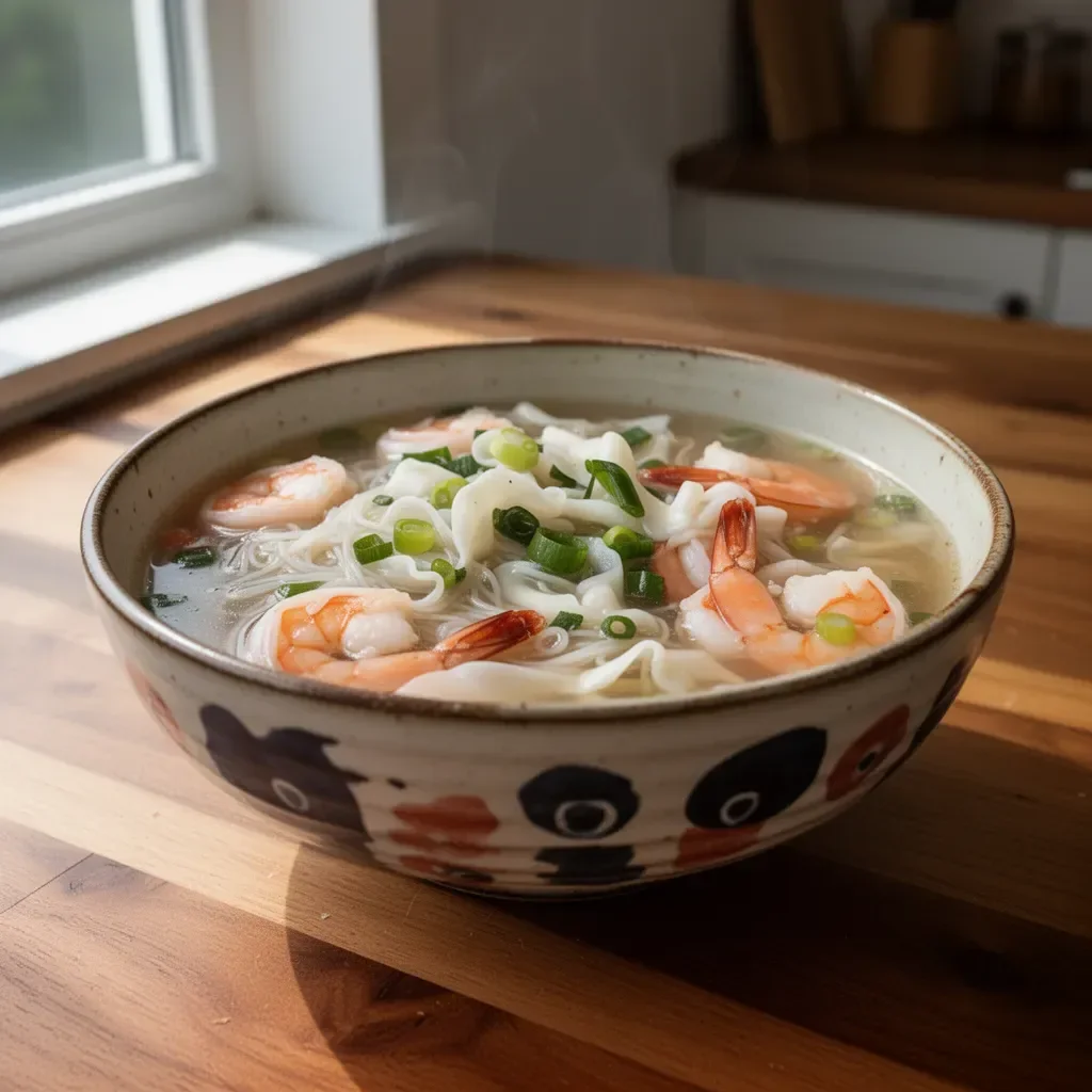Bowl of Chinese shrimp noodle soup with fresh ingredients and herbs