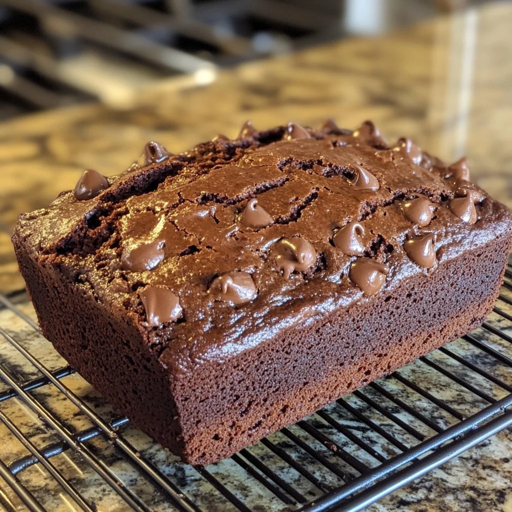 Freshly baked chocolate banana bread loaf with chocolate chips and sliced bananas