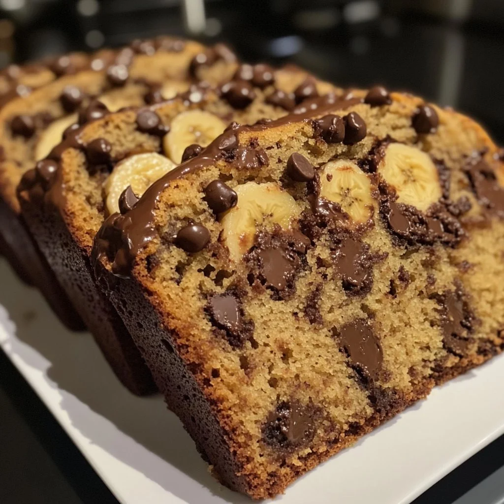 Delicious slice of chocolate chip banana bread on a wooden table