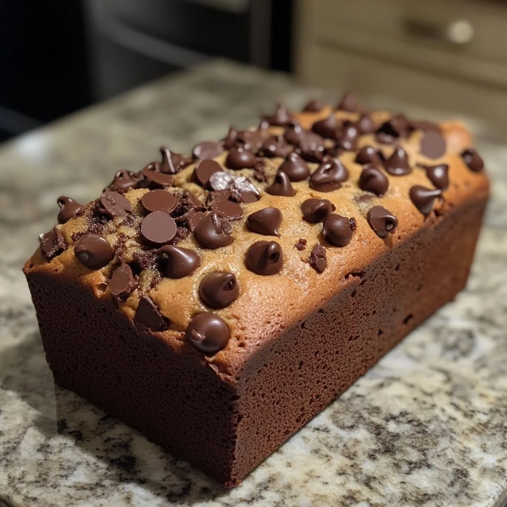 A freshly baked chocolate chip loaf cake with chocolate chips on top.