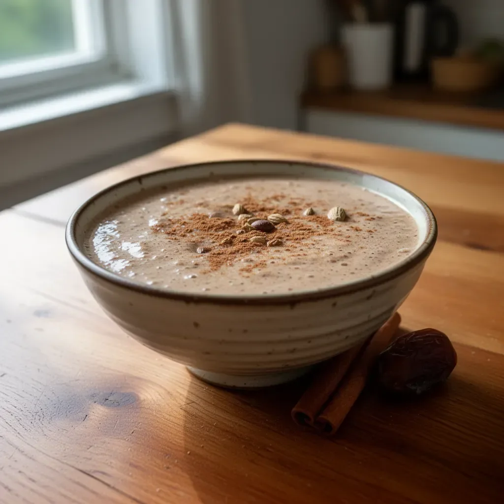 Cinnamon Date Smoothie served in a glass with ingredients around it