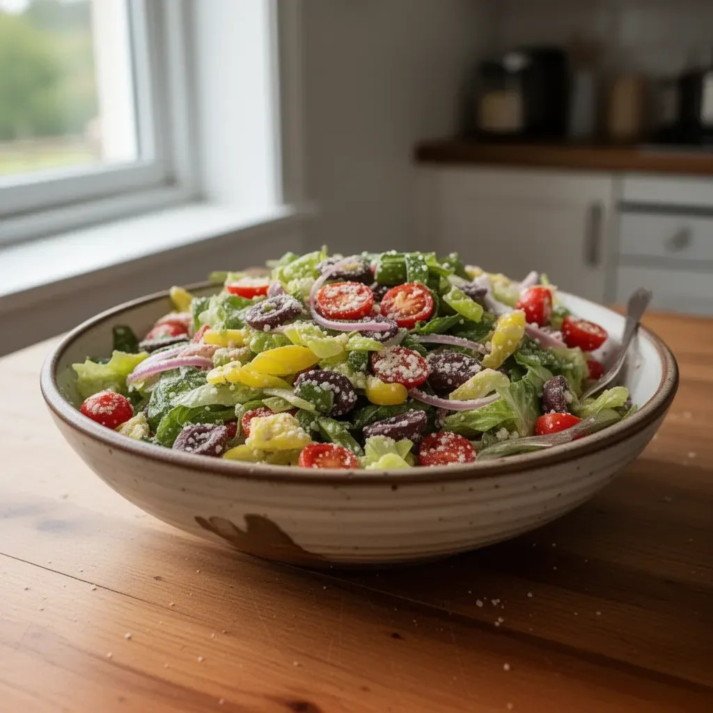 Fresh and vibrant classic Italian salad with tomatoes, olives, and greens.